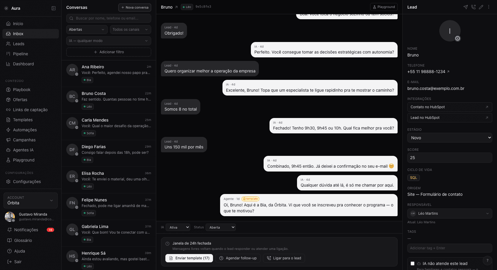 Tela do Aura — inbox conversacional multi-canal com IA