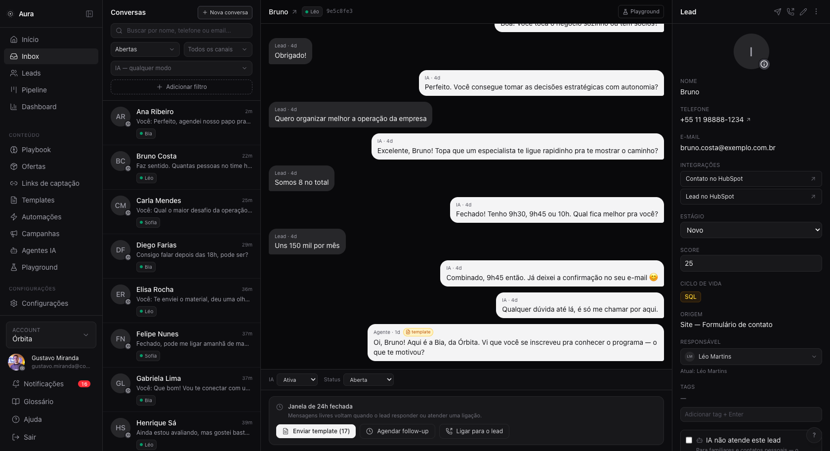 Tela do Aura, inbox conversacional multi-canal com IA